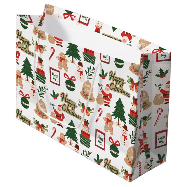 Modern Christmas Santa and Gingerbread Pattern Large Gift Bag (Front Angled)