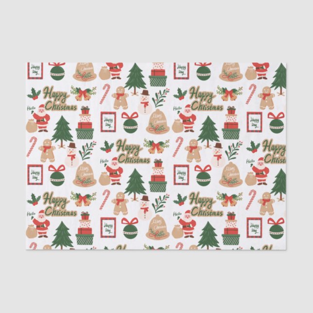 Modern Christmas Santa and Gingerbread Pattern Tissue Paper (Front)