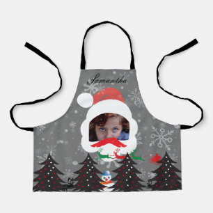 Modern Christmas Santa Custom Face Photo Name Grey Apron