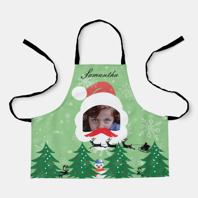 Modern Christmas Santa Custom Face Photo Name Sage Apron (Front)