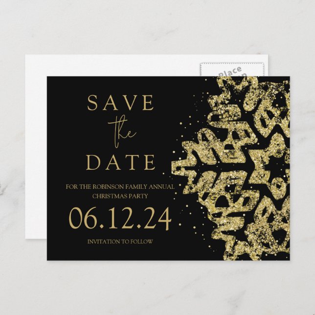 Modern Christmas Save The Date Gold Glitter Black Announcement Postcard (Front/Back)