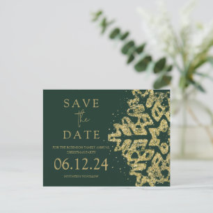 Modern Christmas Save The Date Gold Glitter Green  Announcement Postcard