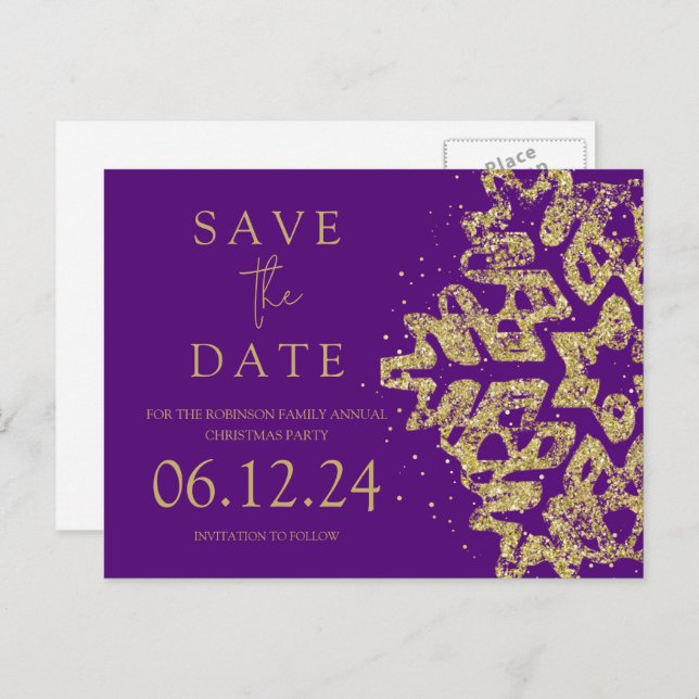 Modern Christmas Save The Date Gold Glitter Purple Announcement Postcard (Front/Back)