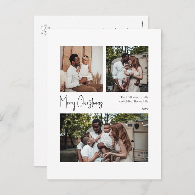 Modern Christmas Script Centred Three-Photo Holiday Postcard (Front/Back)