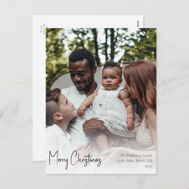 Modern Christmas Script Full Vertical Photo Holiday Postcard (Front/Back)