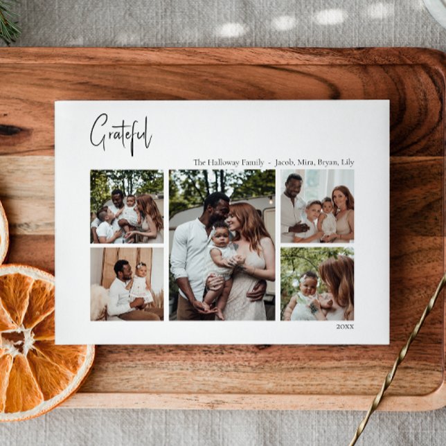 Modern Christmas Script Grateful Five-Photo Holiday Card (Creator Uploaded)