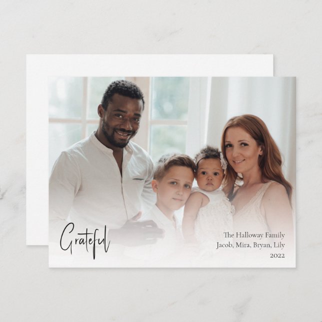 Modern Christmas Script Grateful Full Photo Holiday Card (Front/Back)