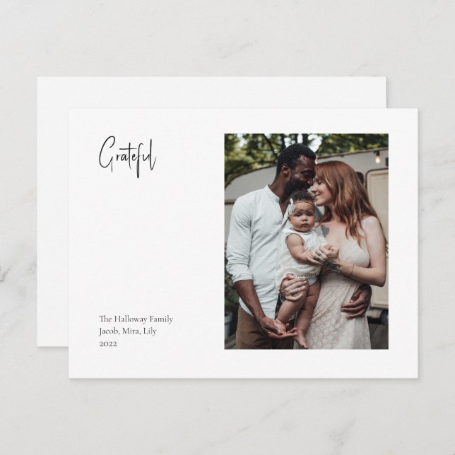 Modern Christmas Script Grateful Single Photo Holiday Card (Front/Back)