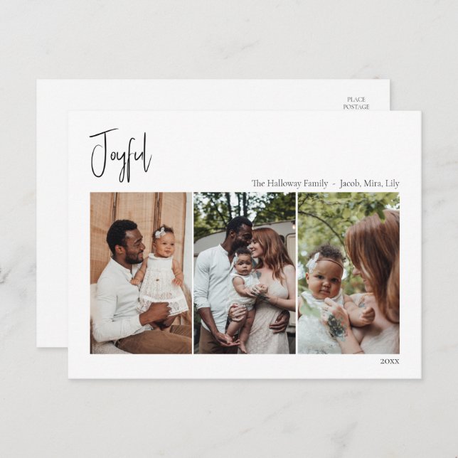 Modern Christmas Script Joyful Three-Photo Holiday Postcard (Front/Back)