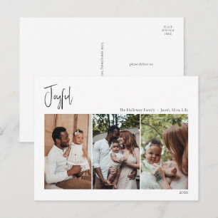 Modern Christmas Script Joyful Three-Photo Holiday Postcard