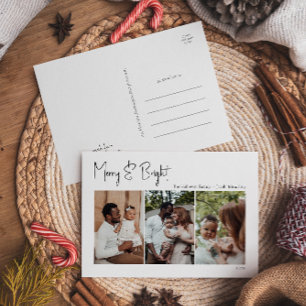 Modern Christmas Script Merry & Bright Three-Photo Holiday Postcard