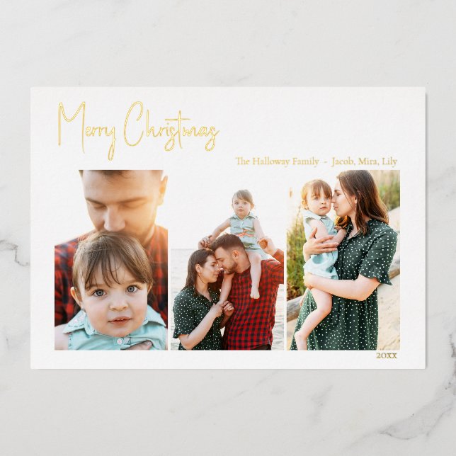 Modern Christmas Script Three Photo | Gold Foil Ho Holiday Card (Front)