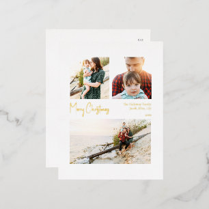 Modern Christmas Script Three Photo Gold Foil Holiday Postcard