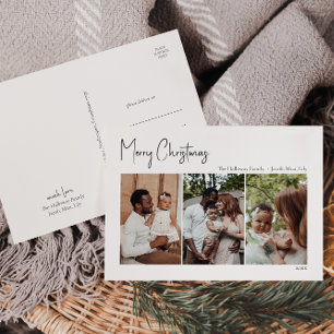 Modern Christmas Script Three-Photo  Holiday Postcard