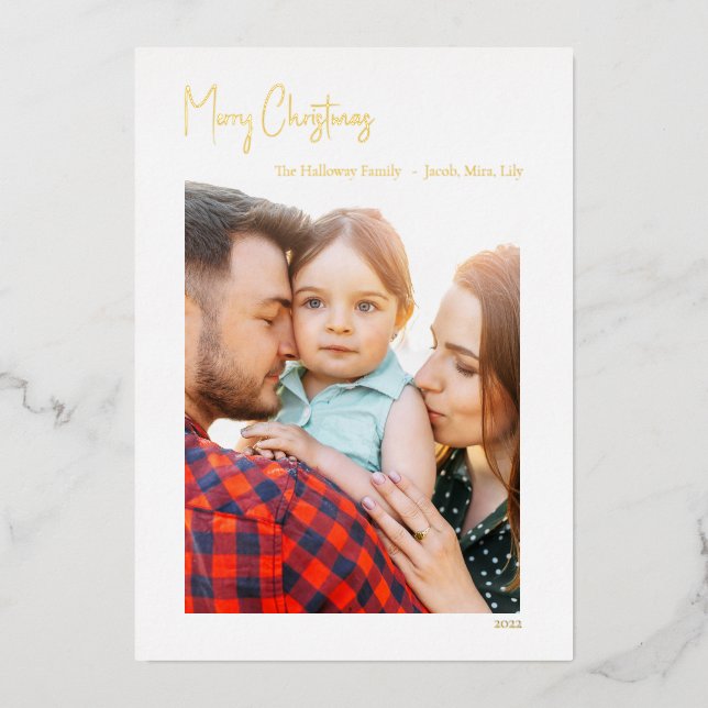 Modern Christmas Script Vertical Single Photo Gold Foil Holiday Card (Front)