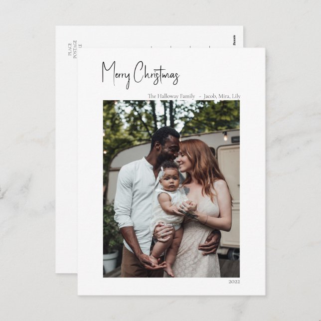 Modern Christmas Script vertical single photo Holiday Postcard (Front/Back)