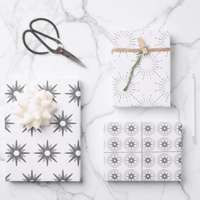 Modern Christmas Silver Stars Wrapping Paper Sheet (Front)