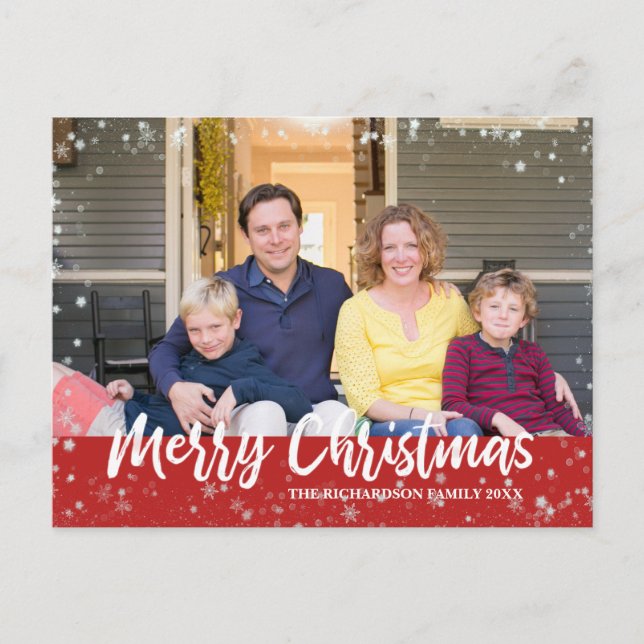 Modern Christmas Snow Photo Red Postcard (Front)
