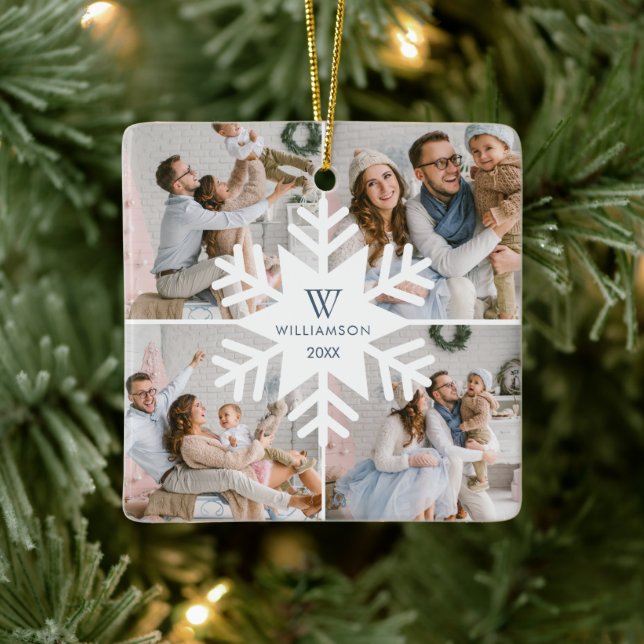 Modern Christmas Snowflake Monogram Four Photo Ceramic Ornament (Tree)