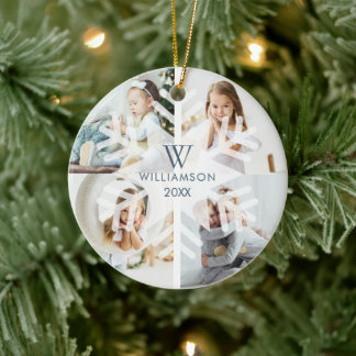 Modern Christmas Snowflake Monogram Four Photo Ceramic Tree Decoration