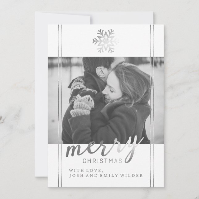 Modern Christmas Snowflake | White and Silver Holiday Card (Front)