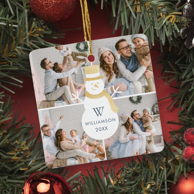 Modern Christmas Snowman Monogram Four Photo Ceramic Ornament (Modern Christmas Snowman Monogram Four Photo Ceramic Ornament)