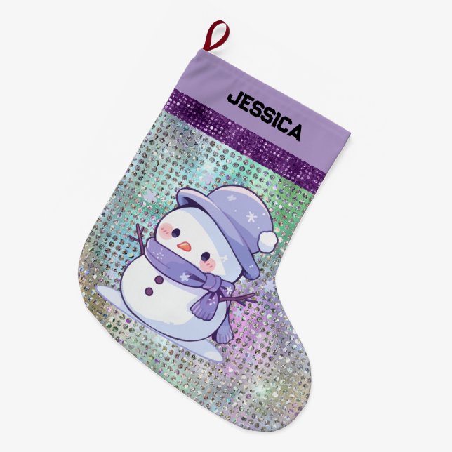Modern Christmas Snowman Pastel  Purple  Large Christmas Stocking (Front (Hanging))