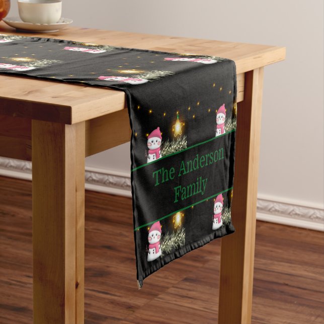 Modern Christmas Snowman Pattern Customisable Name Short Table Runner (In Situ)