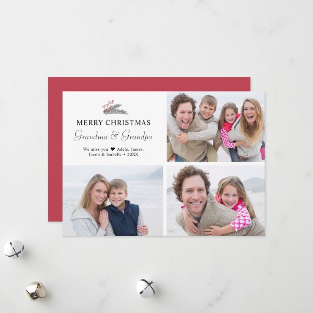 Modern Christmas Sprig Berries Grandparent Photos Holiday Card (Front/Back In Situ)