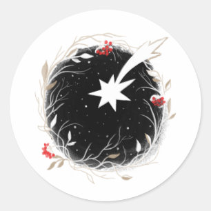 Modern Christmas Star Berries Wreath Classic Round Sticker