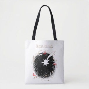 Modern Christmas Star Berries Wreath Tote Bag