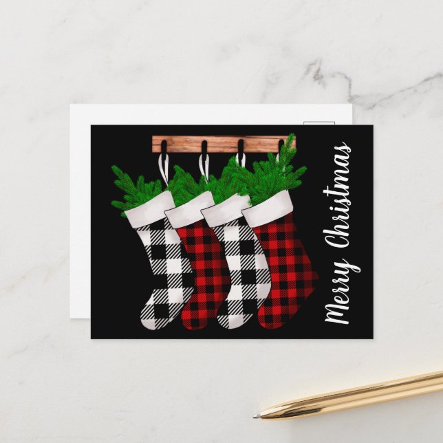 Modern Christmas Stockings Holiday Postcard (Front/Back In Situ)