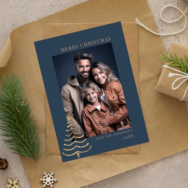 Modern Christmas Stylish Minimalist photo Family Holiday Card (simple blue and gold photo christmas card fully editable , modern simple , message template )
