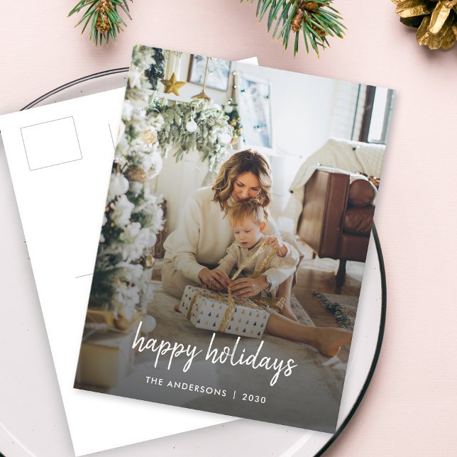 Modern Christmas Stylish Minimalist Script Family Holiday Postcard (Share holiday cheer with a modern minimalist Happy Holidays postcard by Guava)