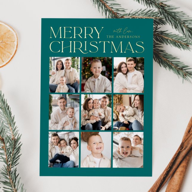Modern Christmas Teal 9 Photo Collage Foil Holiday Card (Creator Uploaded)
