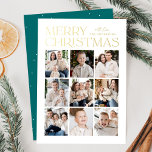 Modern Christmas Teal 9 Photo Collage Foil Holiday Card<br><div class="desc">Modern Christmas photo card featuring "Merry Christmas" displayed at the top of the design in trendy gold foil lettering with a white background. A photo collage of 9 photos is shown below in a grid-style layout. Personalise the multi-photo Christmas card with your family name. The foil card reverses to display...</div>