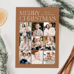 Modern Christmas Toffee 9 Photo Collage Holiday Card<br><div class="desc">Modern Christmas photo card featuring "Merry Christmas" displayed at the top of the design in trendy white lettering with a toffee-brown background. A photo collage of 9 photos is shown below in a grid-style layout. Personalize the multi-photo Christmas card with your family name. The card reverses to display a toffee-brown...</div>