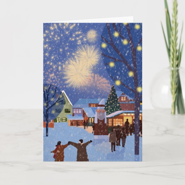 Modern Christmas Town in Snow Art Christmas Card (Front)