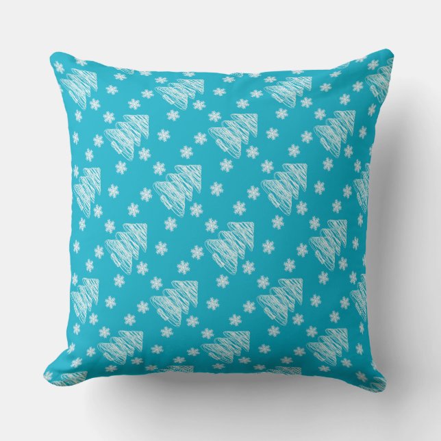 Modern Christmas Tree and Snowflake Bright Blue Cushion (Front)