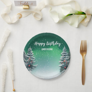 Modern Christmas tree birthday snow party Paper Plate