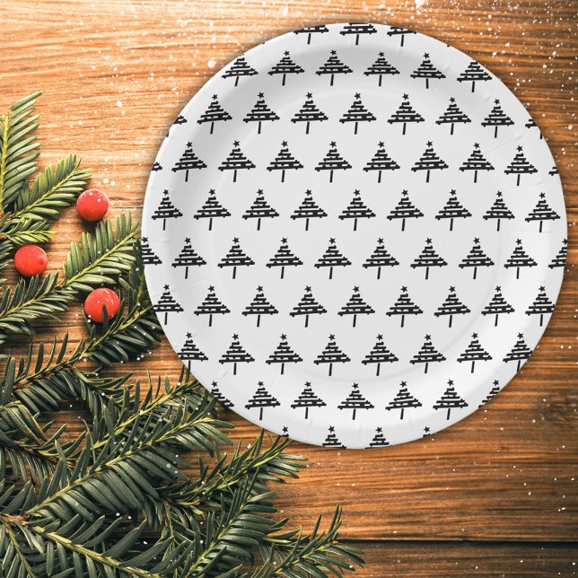 Modern Christmas Tree Black and White Party Paper  Paper Plate (Creator Uploaded)