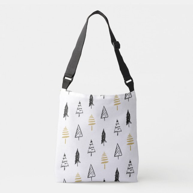 Modern Christmas Tree Black Gold Pattern Crossbody Bag (Front)