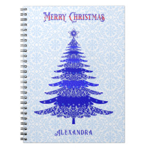 Modern Christmas Tree Blue Personalised Notebook