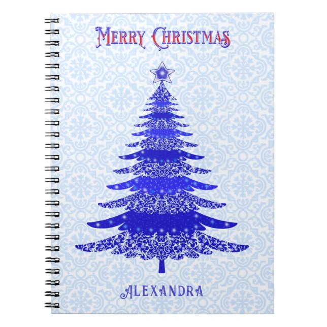 Modern Christmas Tree Blue Personalised Notebook (Front)