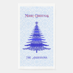 Modern Christmas Tree Blue Snowflakes Personalised Napkin