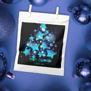 Modern Christmas Tree Blue Stars Lights on Black Favour Bags