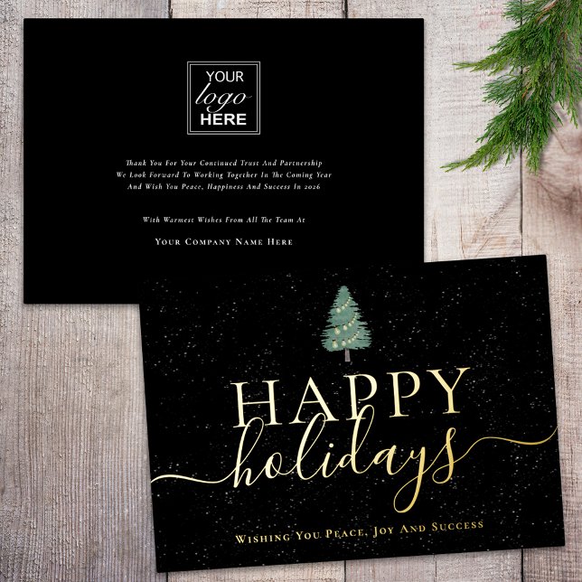 Modern Christmas Tree Company Logo Black & Gold Foil Holiday Card (Simple Christmas tree and lights happy holidays company logo black & gold foil business holiday card)