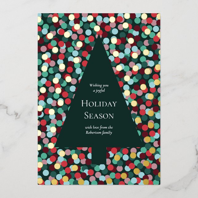 Modern Christmas Tree Confetti Dot Gold Foil Holiday Card (Front)
