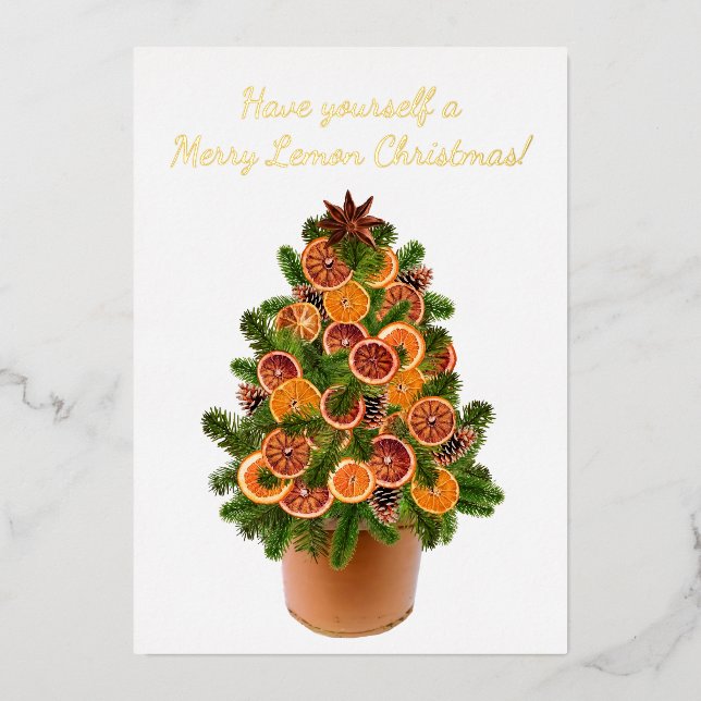 Modern Christmas Tree Dried Lemon Citrus Fruit Foil Holiday Card (Front)