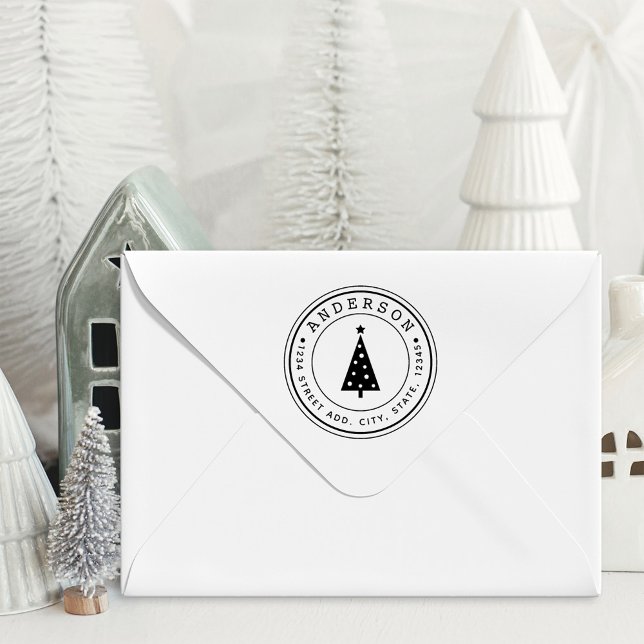 Modern Christmas Tree Family Name Circular Address Rubber Stamp (Creator Uploaded)